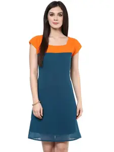 Zima Leto Women Teal Blue & Orange Colourblocked A-Line Dress