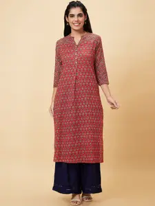Globus Red Floral Printed Mandarin Collar Pure Cotton Straight Kurta