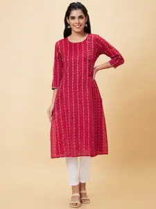 Globus Maroon Geometric Printed Mandarin Collar Pure Cotton Straight Kurta