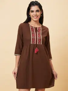 Globus Brown Tie-Up Neck Embroidered Cotton A-Line Ethnic Dress