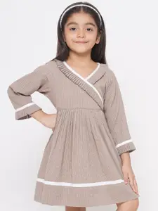 Little Bansi Girls Striped V-Neck Ruffles detail Cotton Fit & Flare Dress