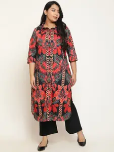 Amydus Plus Size Floral Printed Shirt Collar Cotton Linen Pathani Kurta