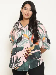 Amydus Plus Size Floral Print Roll-Up Sleeves Shirt Style Top