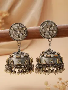 Jazz and Sizzle Silver-Plated Kundan-Studded Dome Shaped Jhumkas