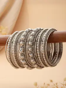 Jazz and Sizzle Set Of 18 Silver-Plated Textured Oxidised Bangles