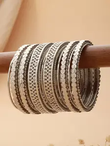 Jazz and Sizzle Set Of 18 Silver-Plated Oxidised Textured Bangles