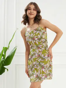 KASSUALLY Green Floral Printed Shoulder Strap Satin A-Line Dress