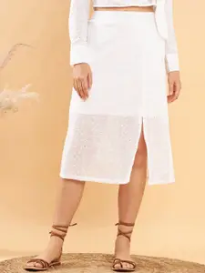 KASSUALLY Schiffli Self Design Front Slit Pure Cotton A-Line Midi Skirt