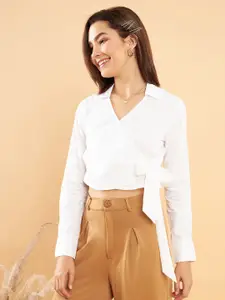 KASSUALLY White Shirt Collar Cuffed Sleeves Tie Ups Detail Pure Cotton Wrap Crop Top