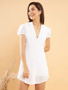 KASSUALLY White Self Design V-Neck Schiffli Pure Cotton A-Line Dress
