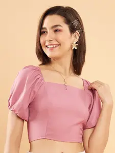 KASSUALLY Pink Square Neck Puff Sleeves Fitted Crop Top