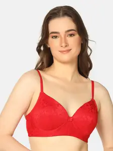 Da Intimo Red Lace Full Coverage Lightly Padded T-Shirt Bra All Day Comfort