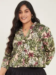 CURVE BY KASSUALLY Green Plus Size Floral Printed Spread Collar Casual Shirt
