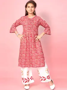BAESD Girls Tribal printed Round Neck A-Line Flared Sleeves Pleated Style Cotton Kurta