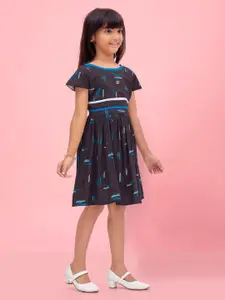 BAESD Girls Conversational Printed Gathered Detailed Fit & Flare Dress
