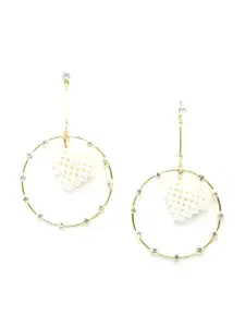 ODETTE Gold-Plated Stones Studded & Beaded Heart-Shaped Drop Earrings