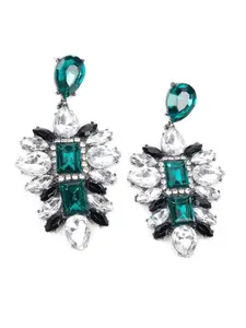 ODETTE Silver-Plated Emerald & Crystal-Studded Contemporary Statement Drop Earrings