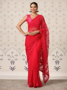 Ode by House of Pataudi Red Ethnic Motifs Embroidered Net Saree
