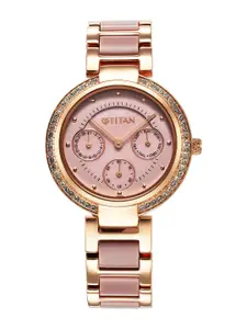 Titan Women Brass Embellished Dial & Bracelet Style Straps Analogue Watch 95187KD02