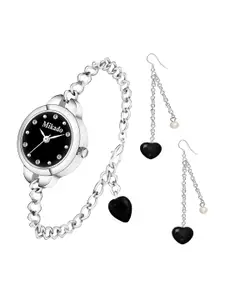 Mikado Women Black Brass Embellished Dial & Silver Toned Stainless Steel Embellished Straps Analogue Watch