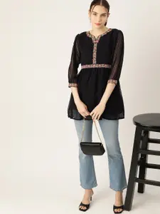 DressBerry Floral Embroidered Puff Sleeve Dobby Longline Top