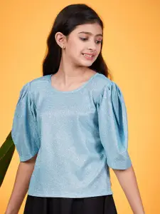 pspeaches Girls Shimmer Round Neck Puff Sleeves Top