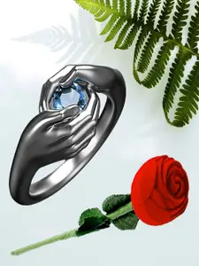UNIVERSITY TRENDZ Silver-Plated Crystal Studded Hug Ring & Artificial Velvet Rose