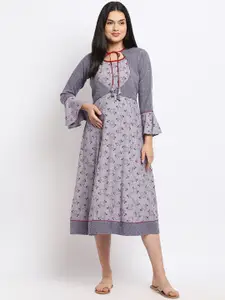 True Shape Floral Printed Bell Sleeves Tie Up Neck Maternity A-Line Dress