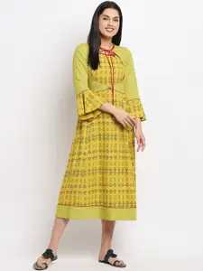 True Shape Ethnic Printed Bell Sleeves Tie Up Neck Maternity A-Line Dress