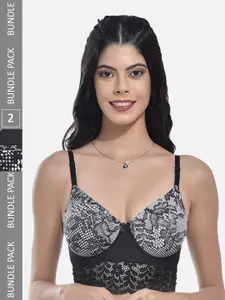 StyFun Pack Of 2 Self Design Lace Lightly Padded Full Coverage Bra