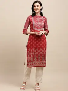 all about you Red & Silver Ethnic Motifs Printed Chanderi Silk Straight Kurta