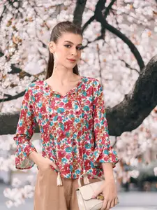 DressBerry Floral Print Tie-Up Neck Bell Sleeves Top