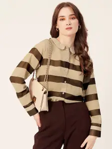 Moomaya Classic Horizontal Stripes Sheer Striped Casual Shirt