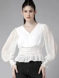 The Roadster Lifestyle Co. Dobby Detail Lace Inserts Puff Sleeves Wrap Top