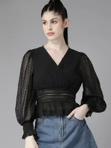 The Roadster Lifestyle Co. Dobby Detail Lace Inserts Puff Sleeves Wrap Top