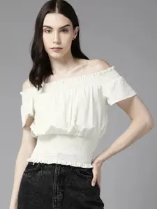 The Roadster Lifestyle Co. Smocked Dobby Weave Cotton Cinched Waist Bardot Top