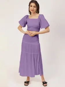 Moomaya High Waist Smocked Tiered Midi Skirt