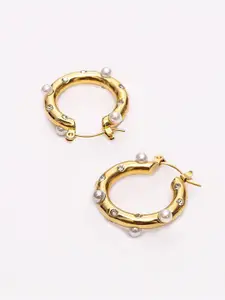 PALMONAS 18KT Gold Plated Stainless Steel Pearl Studded Hoop Earrings