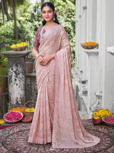 Saree mall Beige Floral Woven Design Beads and Stones Pure Chiffon Bagru Sarees