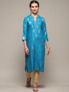 Biba  Ethnic Motifs Printed V-Neck Zari Detail Straight Kurta
