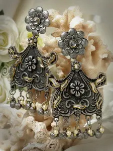 Moedbuille Silver-Plated Kundan & Pearl Studded Crescent Shaped Oxidised Drop Earrings