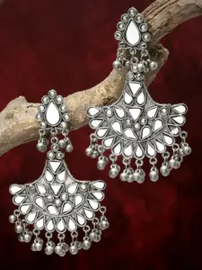 Moedbuille Silver-Plated Crystals Studded Oxidised Crescent Shaped Drop Earrings