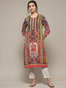 Biba Floral Printed Round Neck Sequinned Detail Straight Kurta