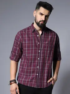High Star Classic Grid Tattersall Checked Roll-Up Sleeves Pure Cotton Casual Shirt