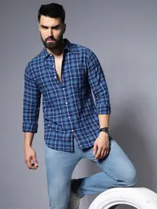 High Star Blue Classic Opaque Checked Casual Shirt