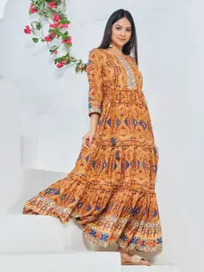Biba Ethnic Motifs Printed Fit & Flare Tiered Cotton Ethnic Dress