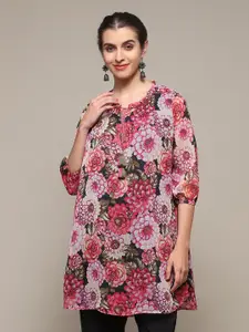 Biba Black Floral Print Tie-Up NeckPuff Sleeves Longline Top