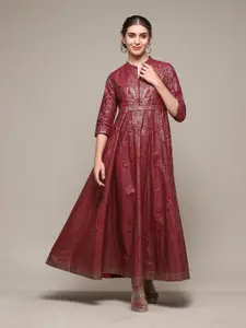 Biba Ethnic Motifs Printed Mandarin Collar Gathered Cotton Fit & Flare Maxi Ethnic Dress