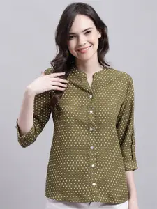 Cantabil Polka Dot Print Mandarin Collar Roll-Up Sleeves Shirt Style Top