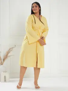 CURVE BY KASSUALLY Yellow V-Neck Bell Sleeves Pure Cotton A-Line Midi Dress